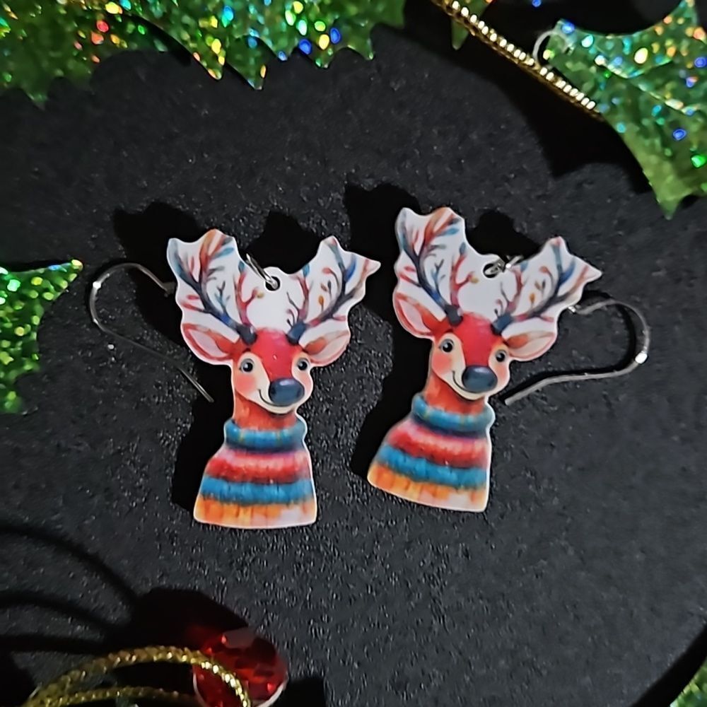Holiday 🎁 Reindeer in a Sweater hook Style Earrings NWT